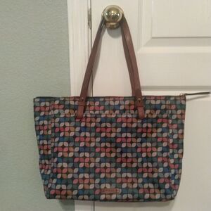 Fossil Rachel Zip PVC Tote Shoulder Bag Multicolor Geometric Print Key Charm